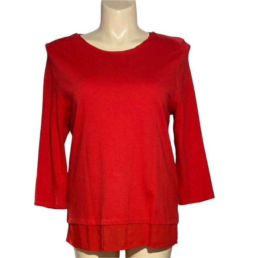 Talbots Top XL Red Chiffon Hem 3/4 Sl Side‎ Slits Back Zip Tunic Tee Shirt LN